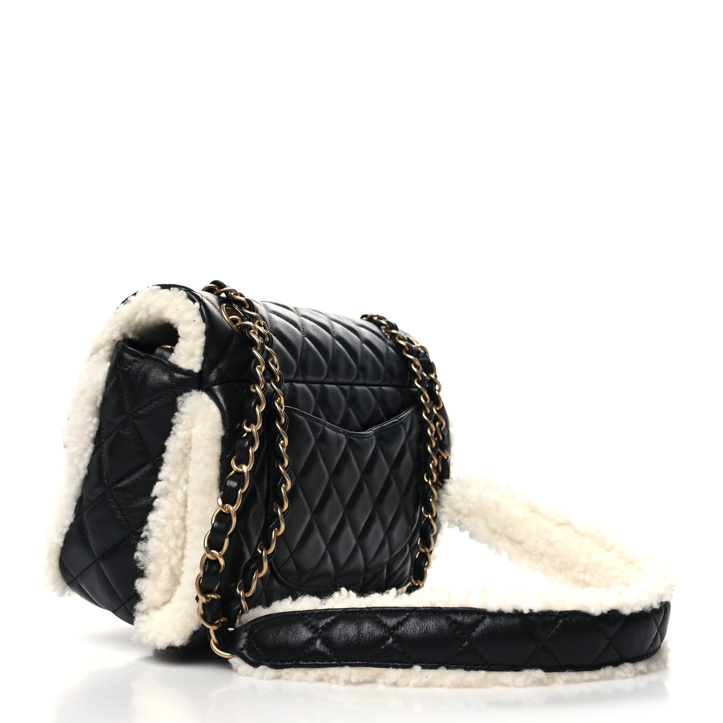 Lambskin Shearling Large CC Flap Bag Black White
