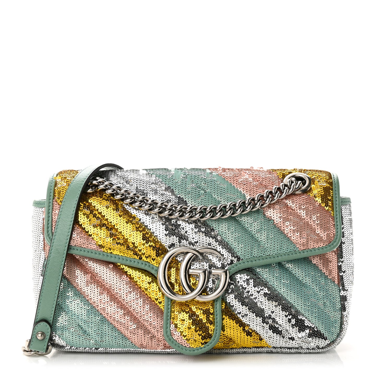 Sequin Satin Calfskin Matelasse Diagonal Small GG Marmont Shoulder Bag Grigio Argento Verde Chiaro Rosa Giallo Light Water Green