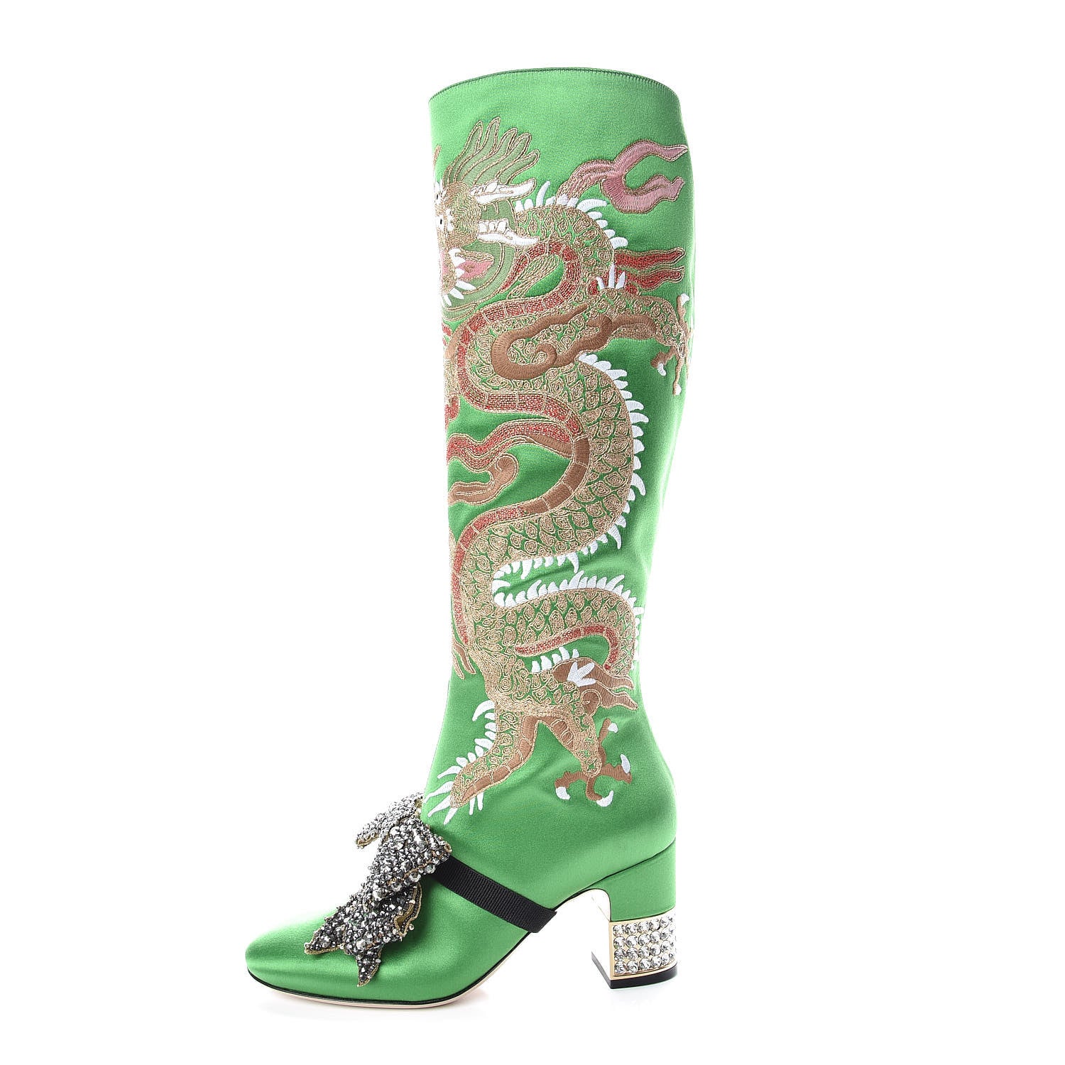 Gucci Silk Satin Malaga Kid Embroidered Candy Dragon Block-Heel Knee Boot 36 Palm 1 of 11