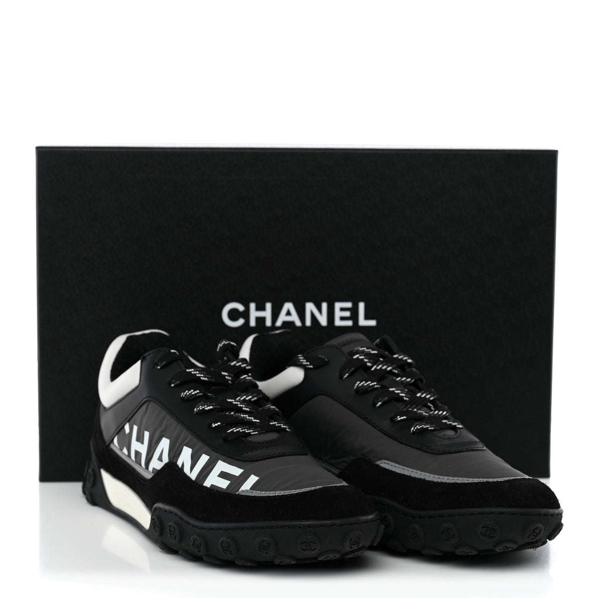 Nylon Calfskin Suede Womens CC Sneakers 38 Black Grey White