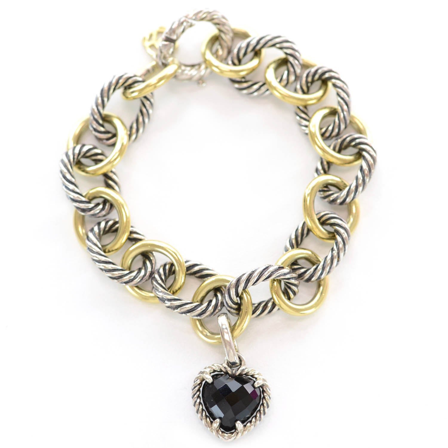 David Yurman Sterling Silver 18k Medium Oval Link Bracelet Onyx Heart Charm 1 of 7