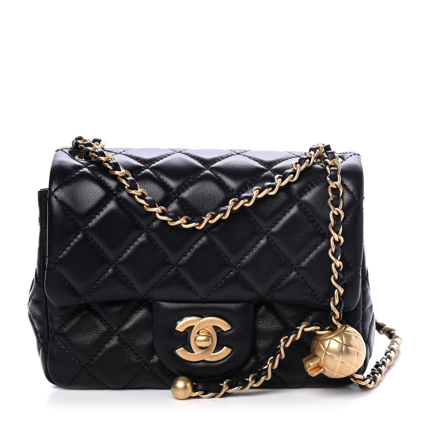 Lambskin Quilted Mini Pearl Crush Flap Black