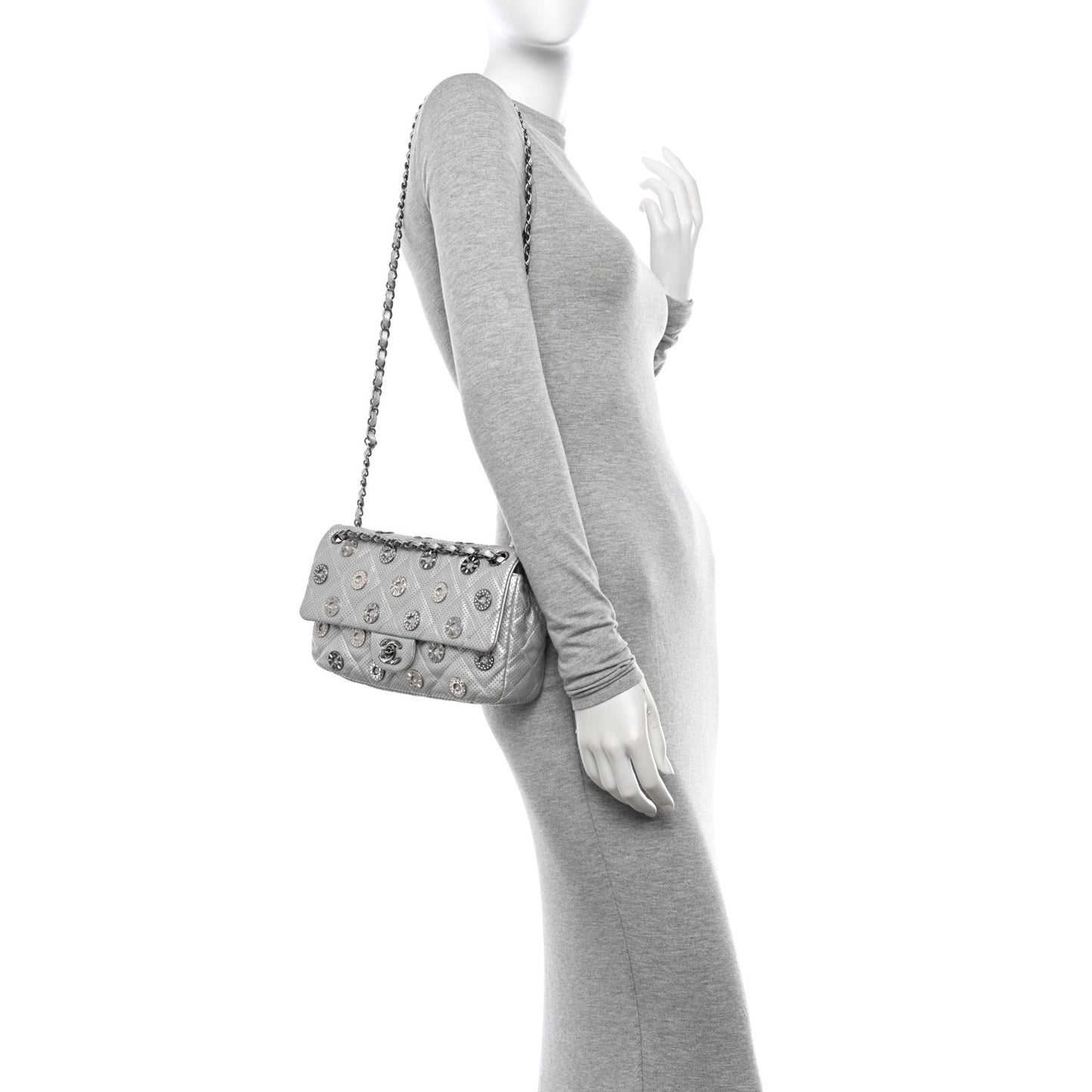 Perforated Metallic Lambskin Medium CC Medals Flap Silver