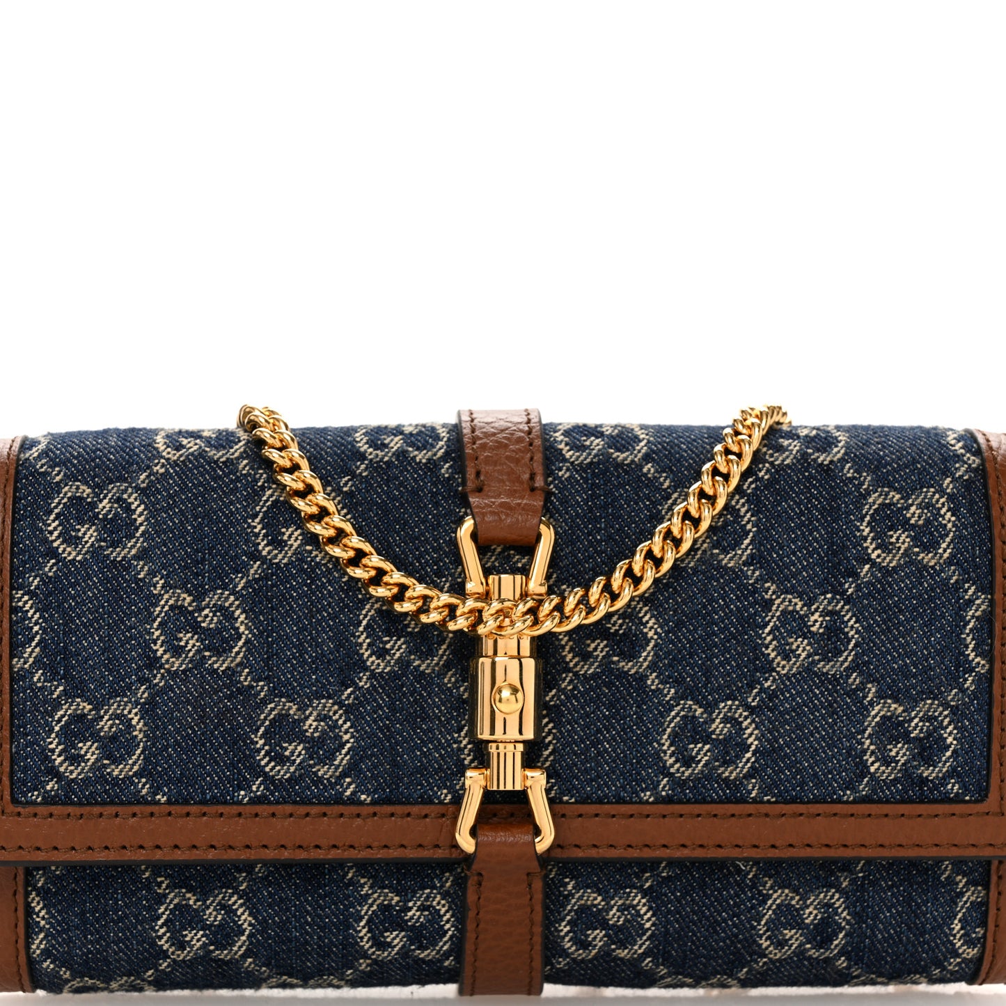 New Denim GG Monogram Jackie 1961 Chain Wallet Blue Tea Cuir