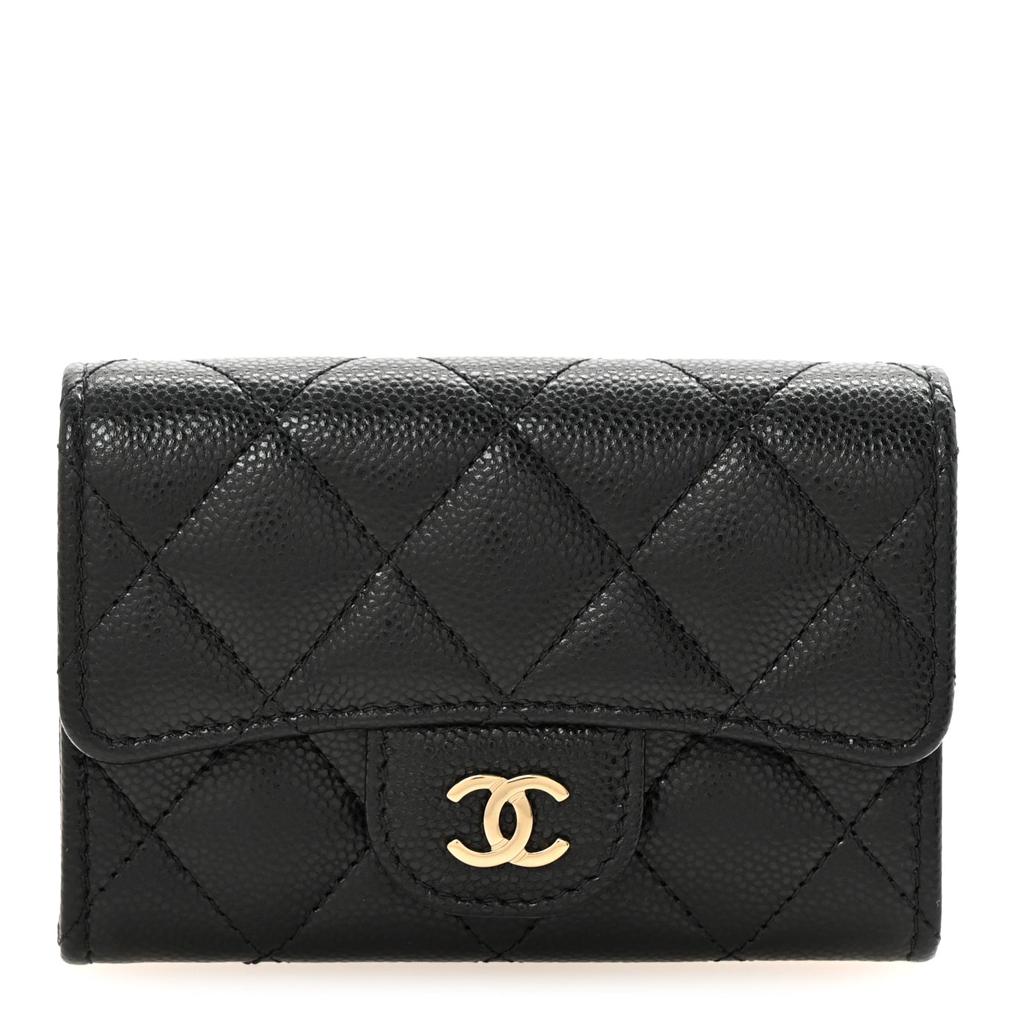 Caviar Quilted Flap Card Holder Wallet Black