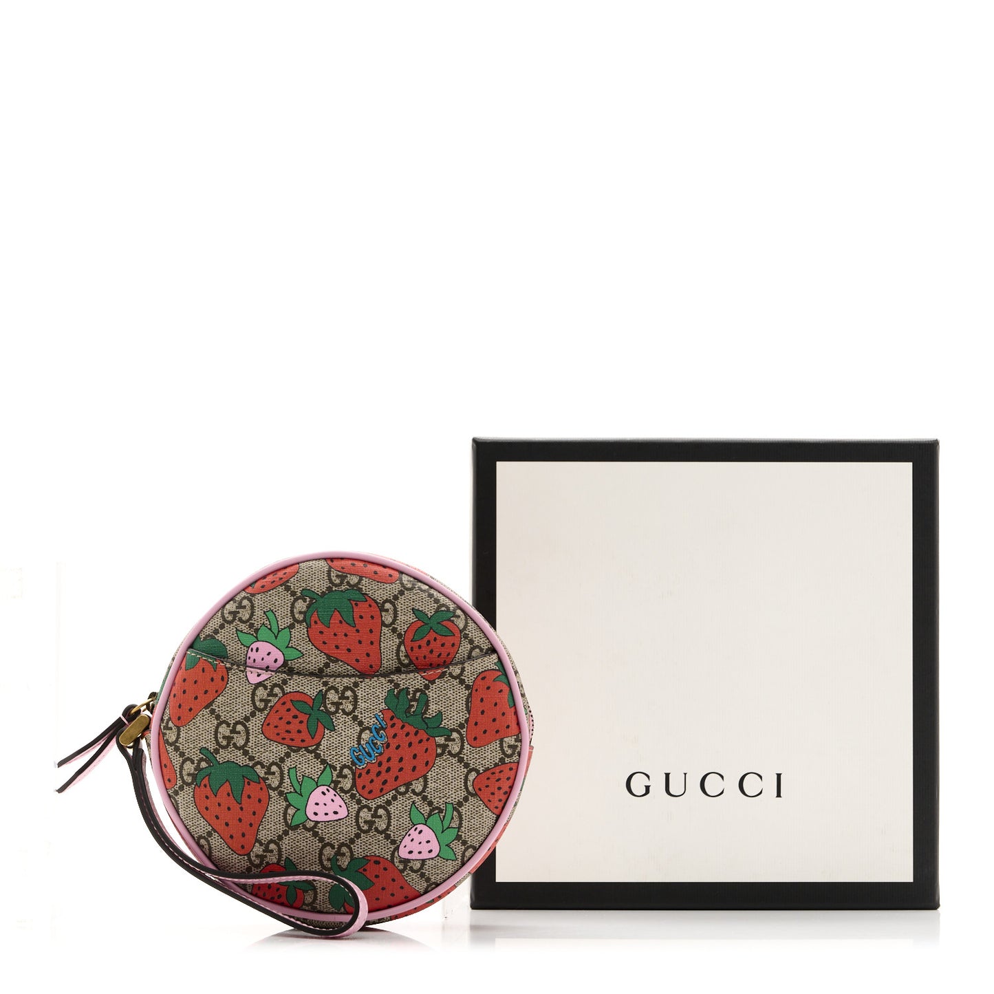GG Supreme Monogram Strawberry Round Wrist Wallet