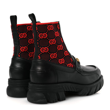 Gucci Quebec Calfskin Technical Jersey Knit GG Monogram Mens Horsebit Ankle Boots 11.5 Black Light Hibiscus Red 5 of 12