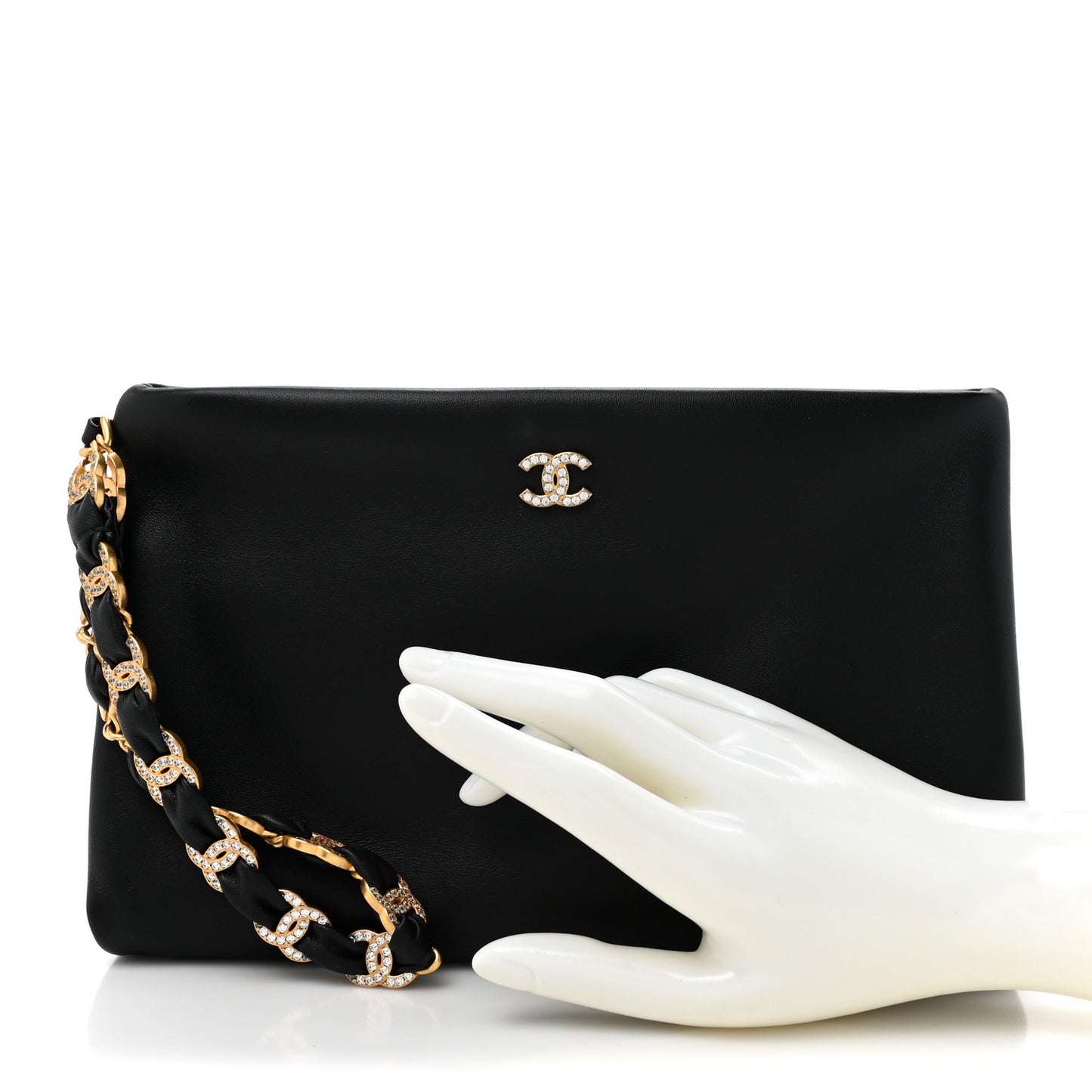 Lambskin Crystal Medium CC Pouch With Handle Black