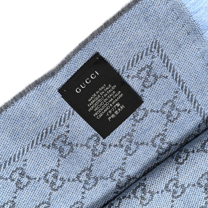 Gucci Wool GG Monogram Reversible New Sten Fringe Scarf Flannel Sky Blue 4 of 5