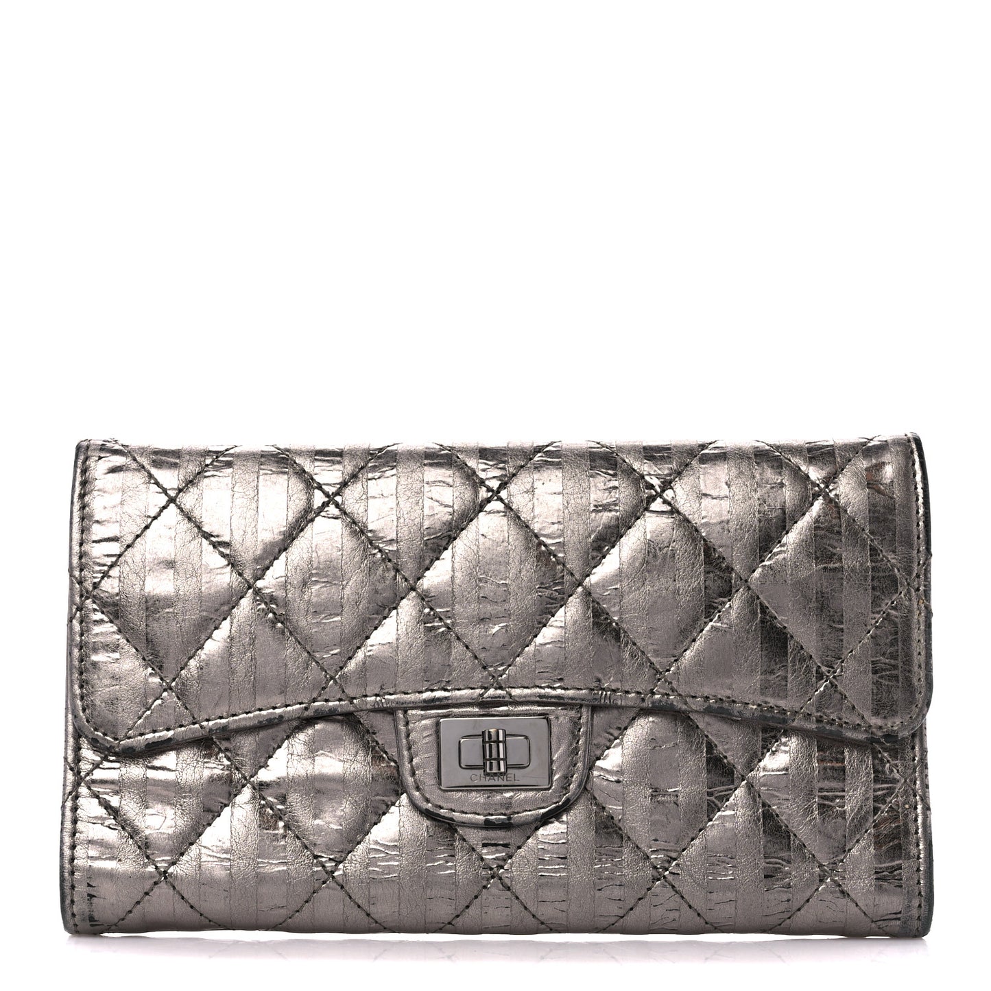 Metallic Calfskin Striped Quilted Reissue Flap Wallet Dark Silver