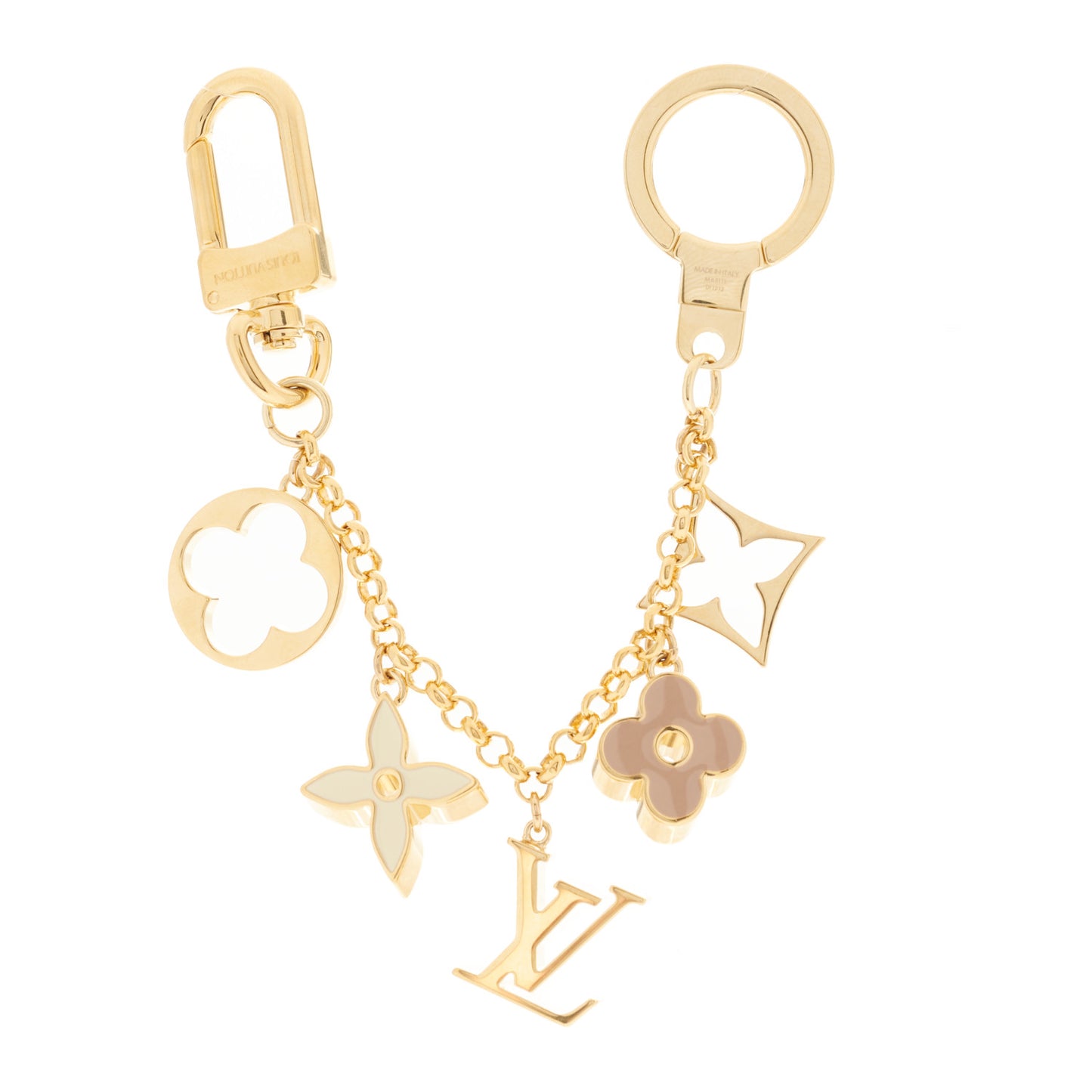 Brass Enamel Fleur De Monogram Bag Charm Chain Gold