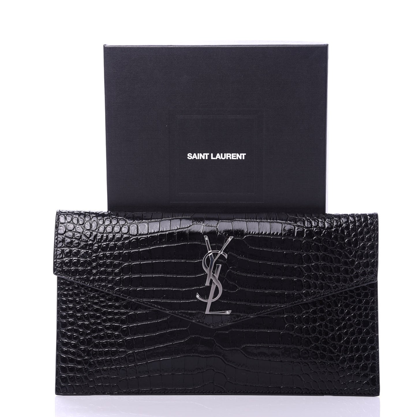 Calfskin Crocodile Embossed Uptown Monogram Clutch Black