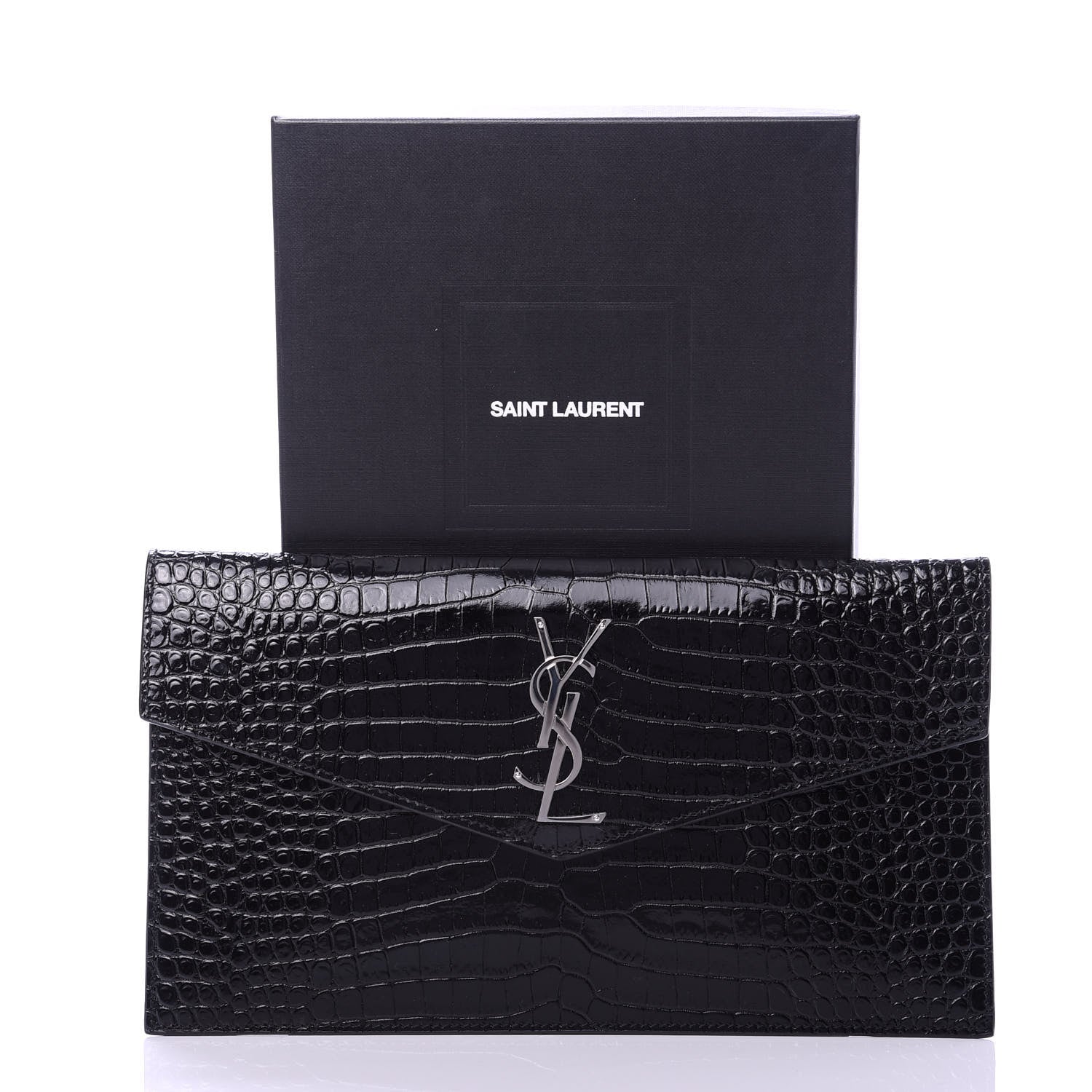 Saint Laurent Calfskin Crocodile Embossed Uptown Monogram Clutch Black 10 of 10