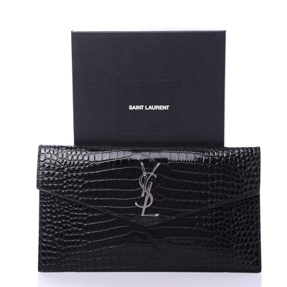 Saint Laurent Calfskin Crocodile Embossed Uptown Monogram Clutch Black 10 of 10