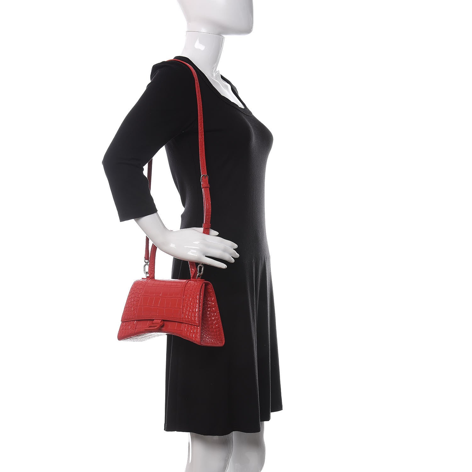 Balenciaga Shiny Calfskin Tonal B Crocodile Embossed Small Hourglass Top Handle Bag Bright Red 2 of 10
