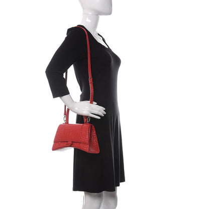 Balenciaga Shiny Calfskin Tonal B Crocodile Embossed Small Hourglass Top Handle Bag Bright Red 2 of 10
