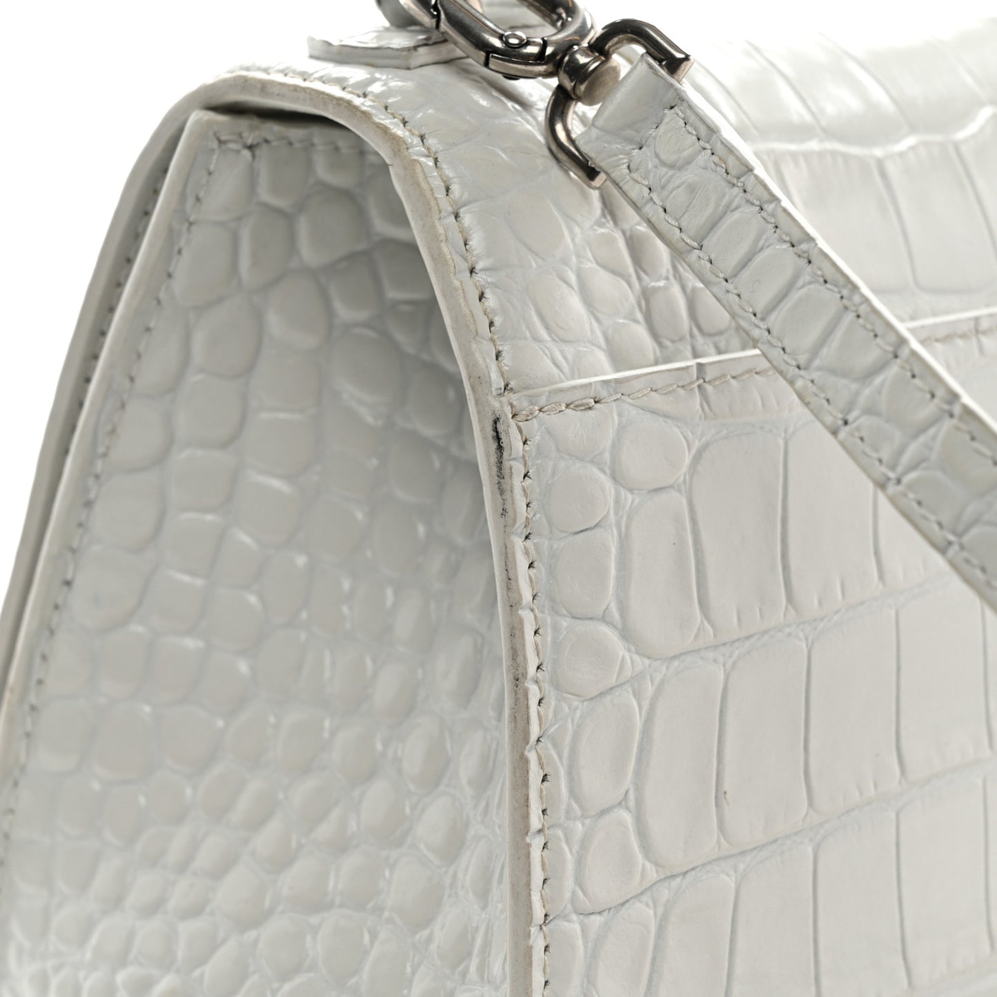 Shiny Calfskin Crocodile Embossed Small Hourglass Top Handle Bag White