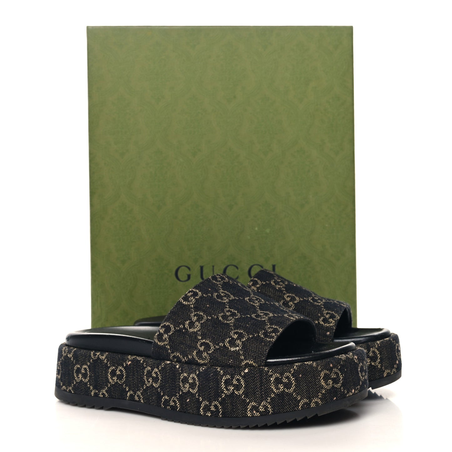 Jacquard Black Denim GG Monogram Angelina Platform 55mm Slide Sandals 39 Black Ivory