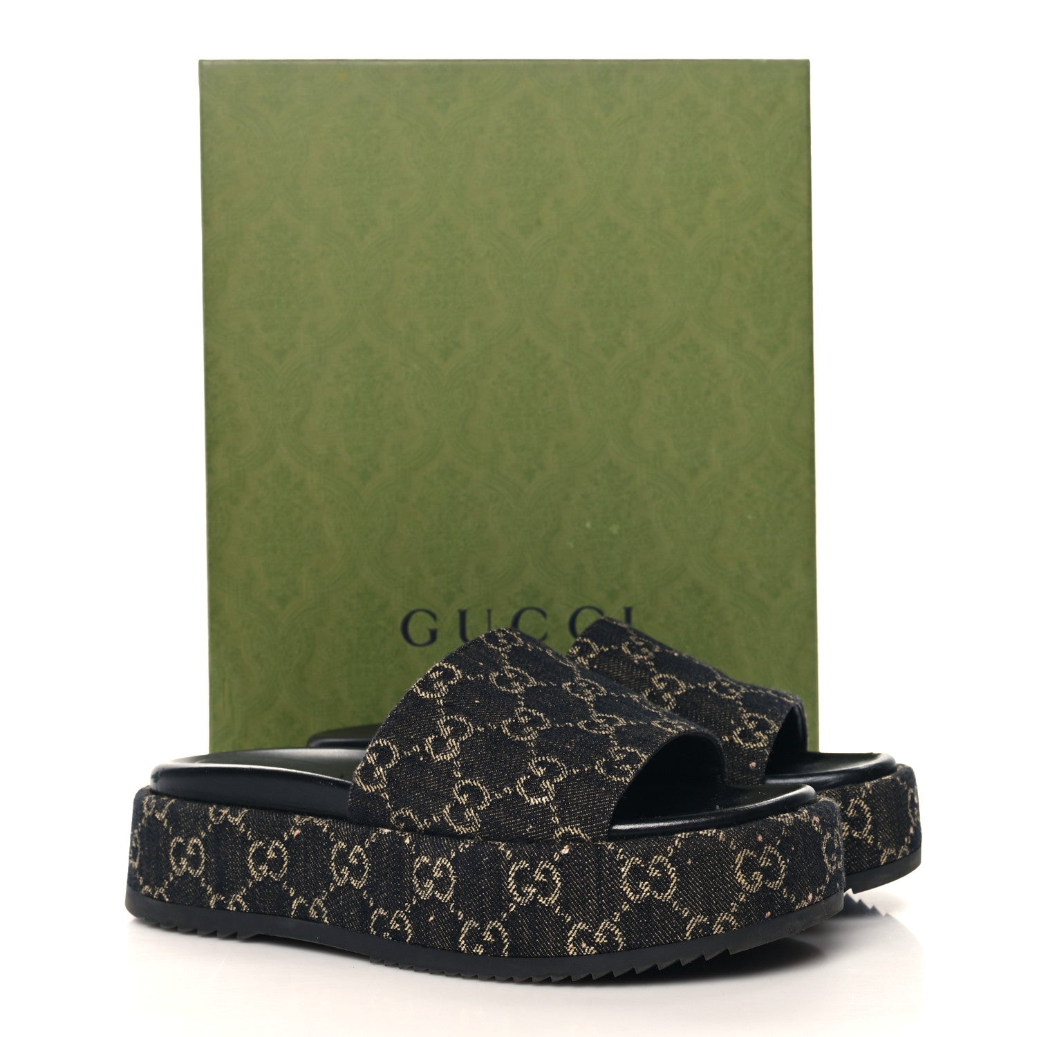 Gucci Jacquard Black Denim GG Monogram Angelina Platform 55mm Slide Sandals 39 Black Ivory 11 of 11