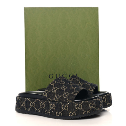 Gucci Jacquard Black Denim GG Monogram Angelina Platform 55mm Slide Sandals 39 Black Ivory 11 of 11