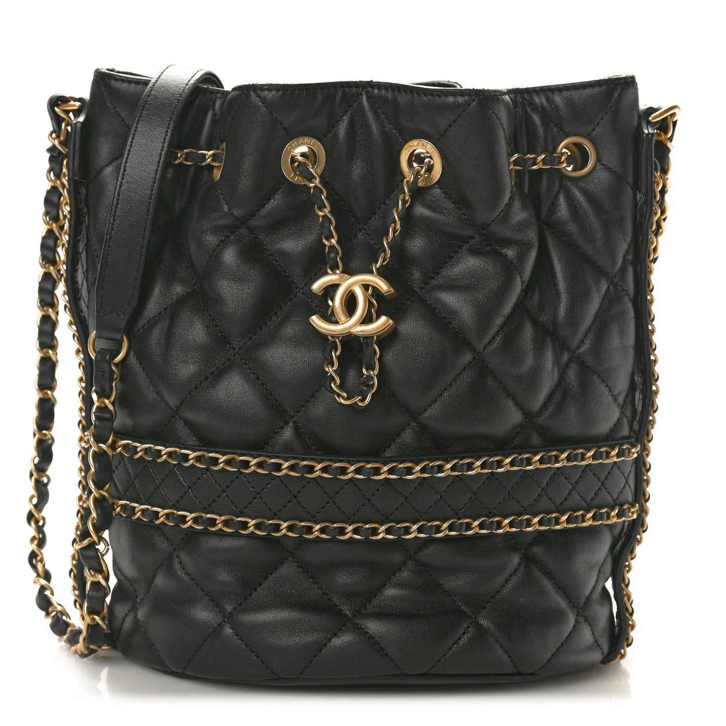 Lambskin Quilted Chain Bucket Drawstring Bag Black