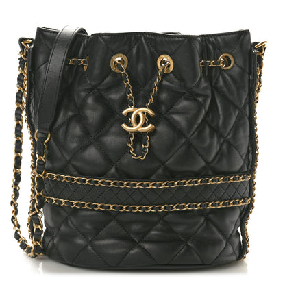 Chanel Lambskin Quilted Chain Bucket Drawstring Bag Black 1 of 10