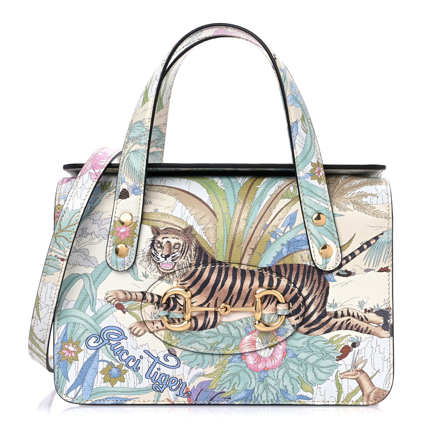 New Shangai Calfskin Tiger Savanah Mini Horsebit 1955 Foldover Top Handle Bag Chalky White Multicolor