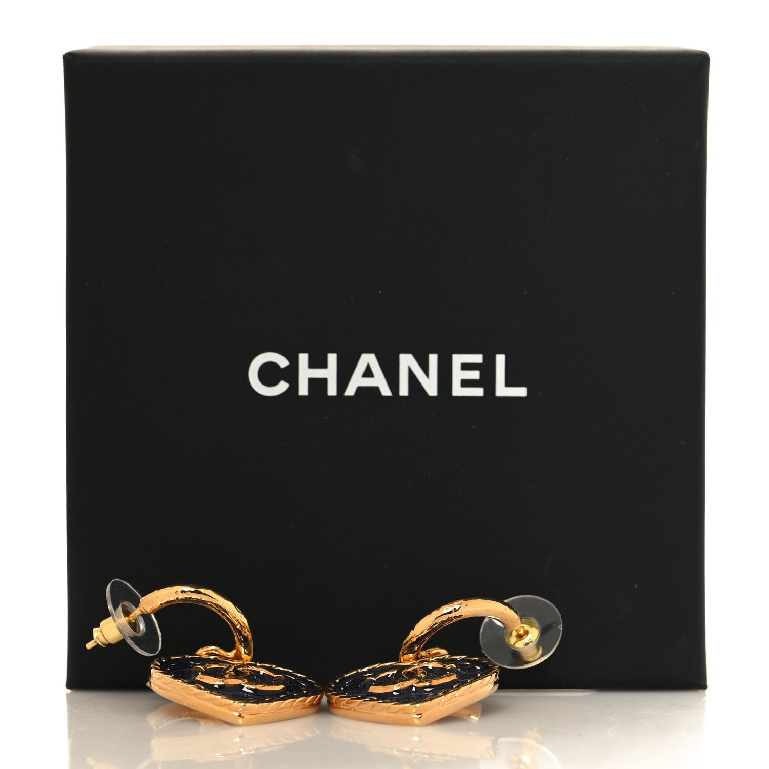 Chanel Metal Enamel CC Denim Heart Drop Earrings Gold Blue 5 of 5