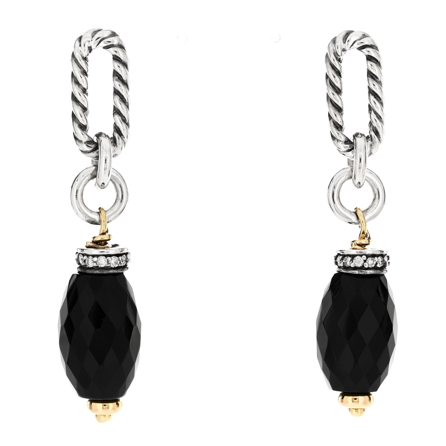 David Yurman Sterling Silver 18K Yellow Gold Diamond Onyx Figaro Drop Earrings 1 of 4