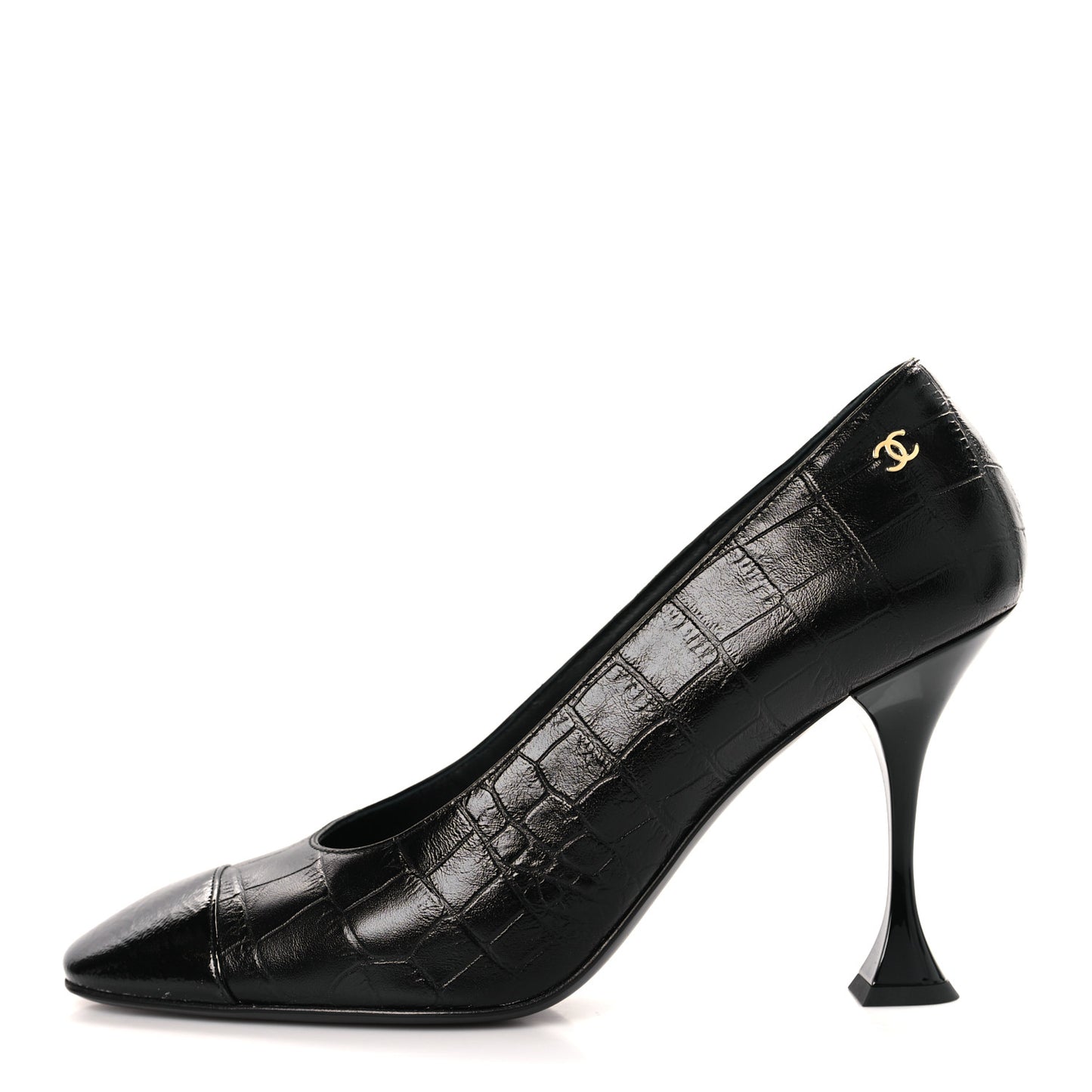Crocodile Embossed Crumpled Patent Cap Toe Pumps 39 Black