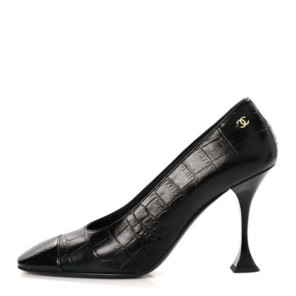 Chanel Crocodile Embossed Crumpled Patent Cap Toe Pumps 39 Black 1 of 10