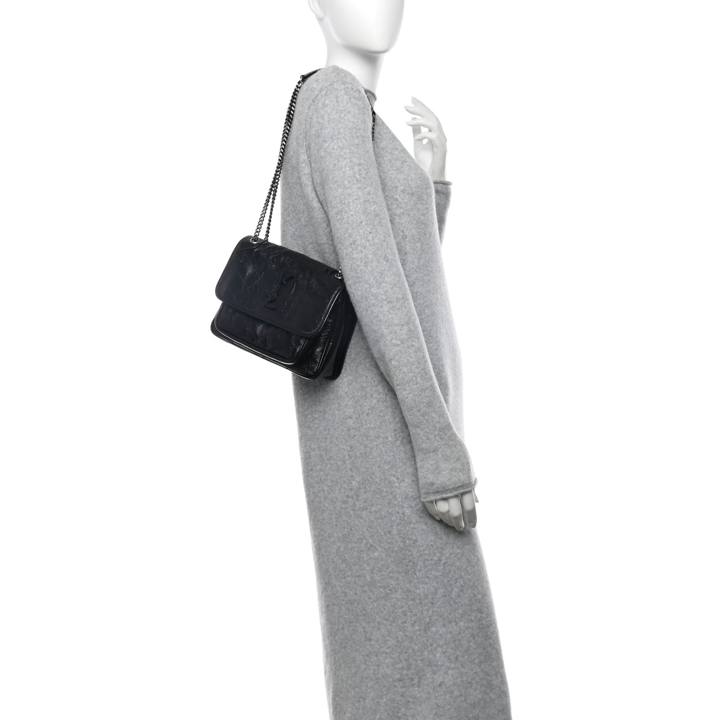 Crinkled Calfskin Matelasse Monogram Baby Niki Chain Satchel Black