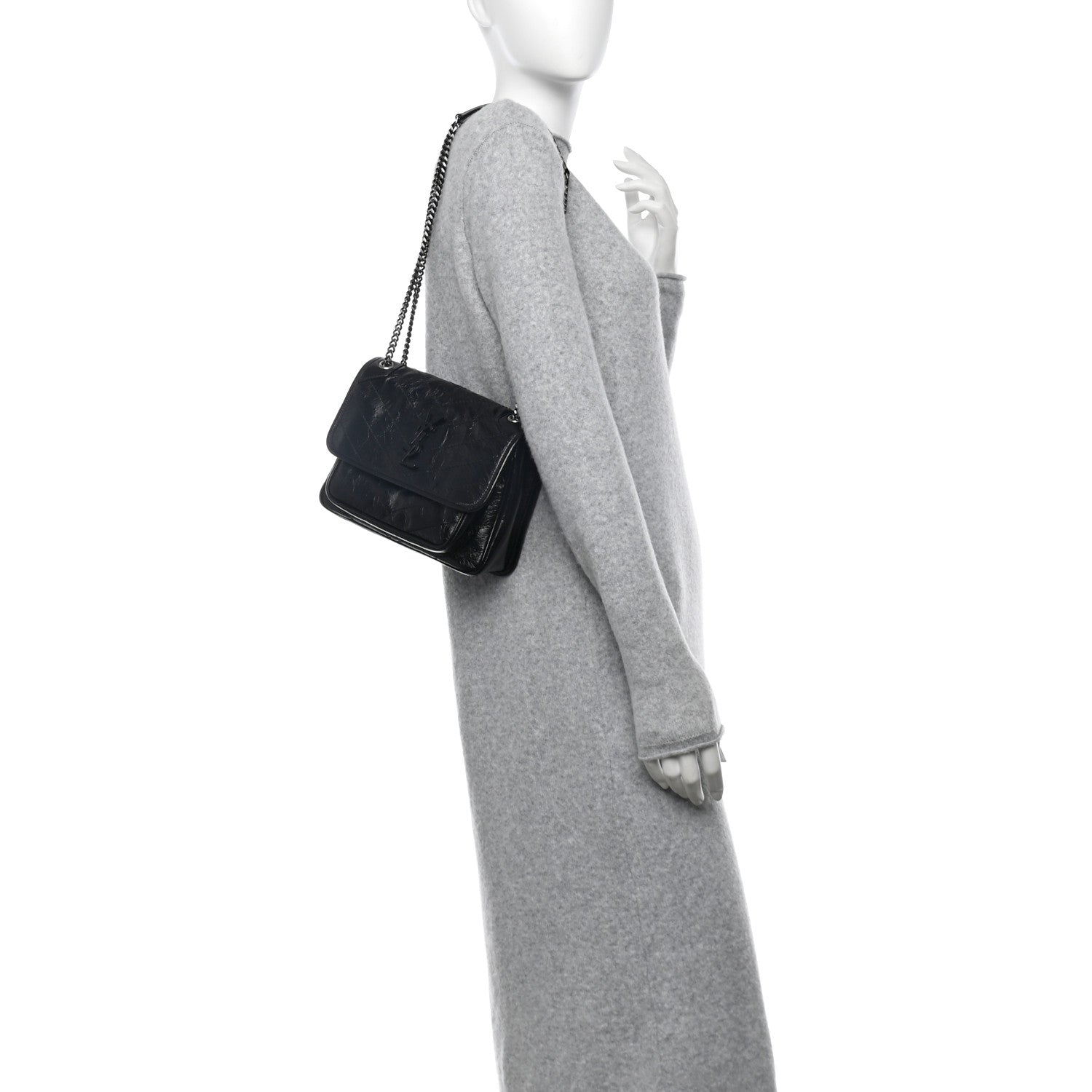 Saint Laurent Crinkled Calfskin Matelasse Monogram Baby Niki Chain Satchel Black 2 of 10