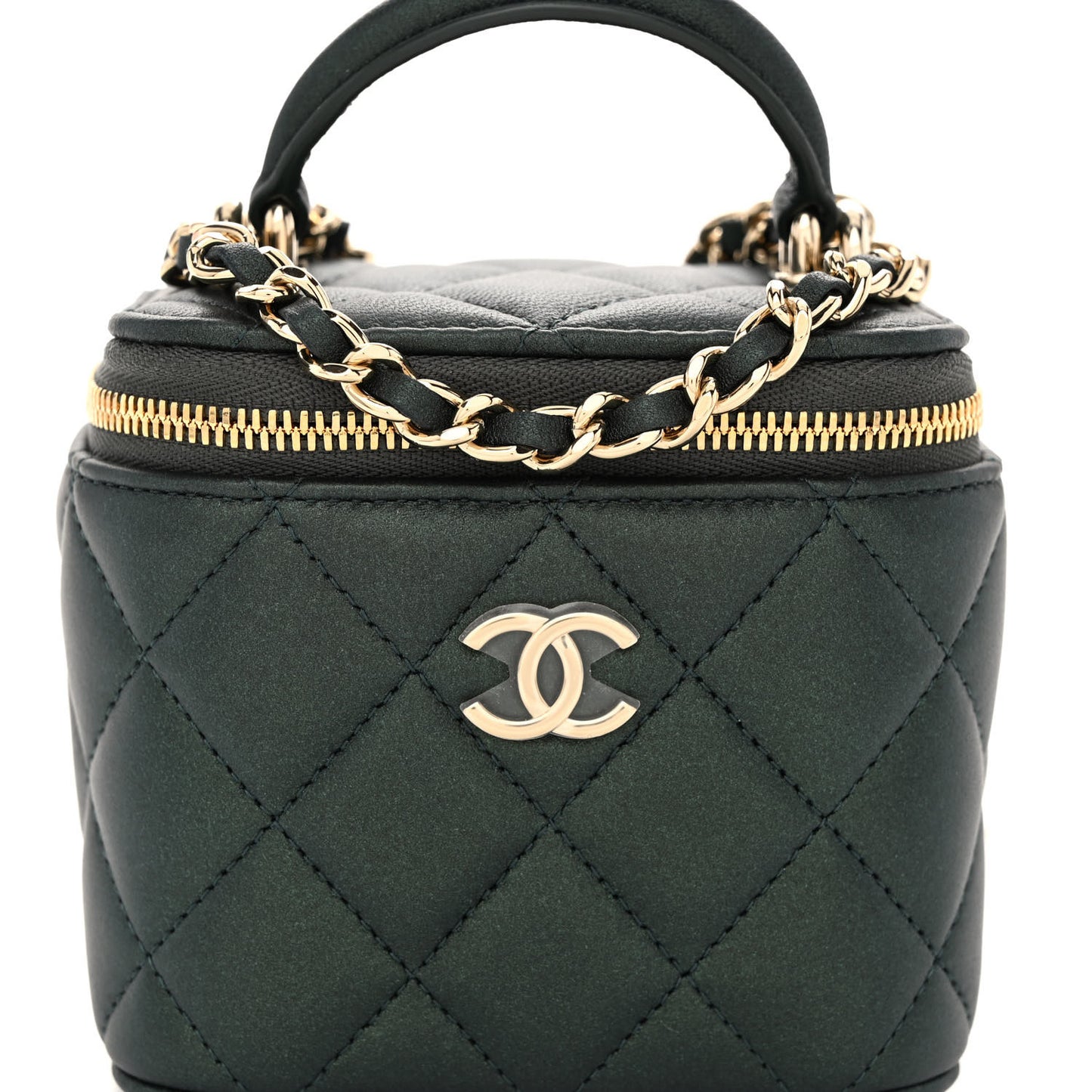 Iridescent Lambskin Quilted Mini Top Handle Vanity Case With Chain Dark Green