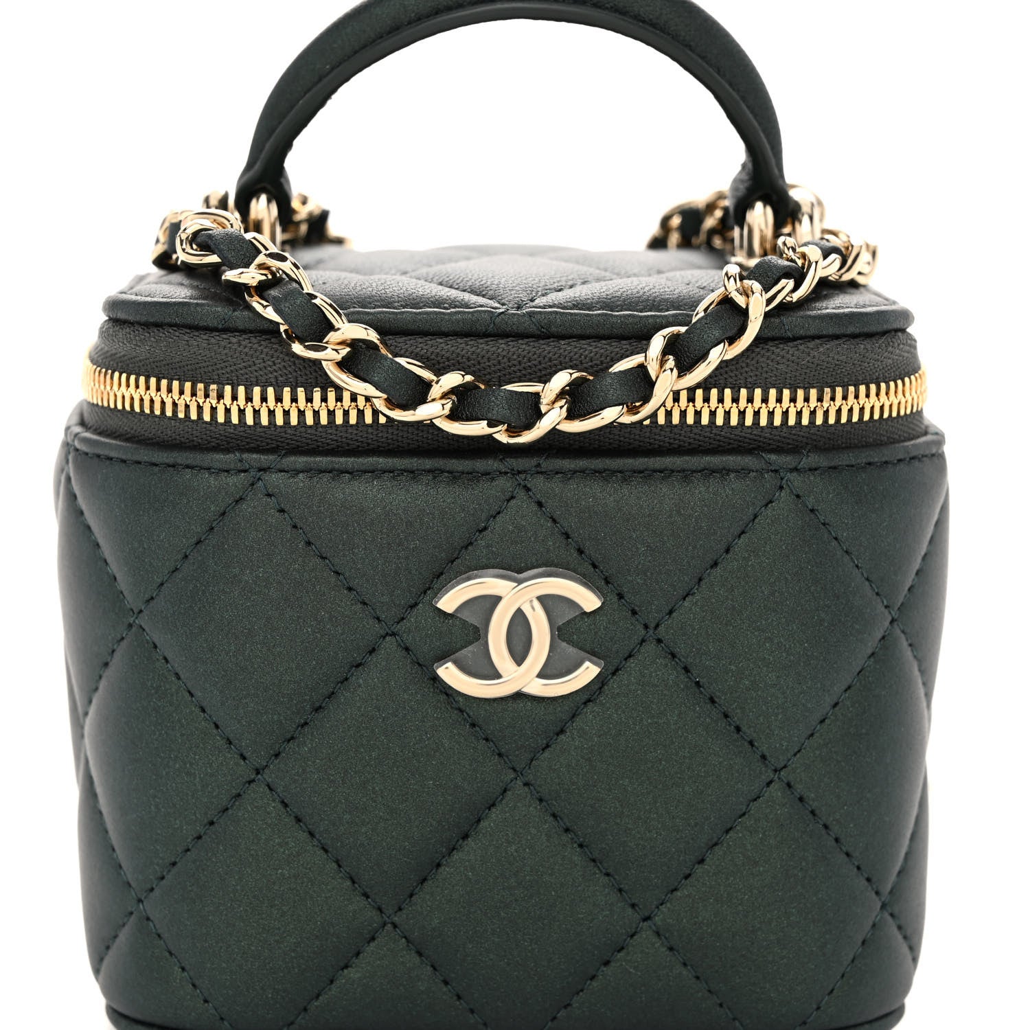 Chanel Iridescent Lambskin Quilted Mini Top Handle Vanity Case With Chain Dark Green 8 of 10