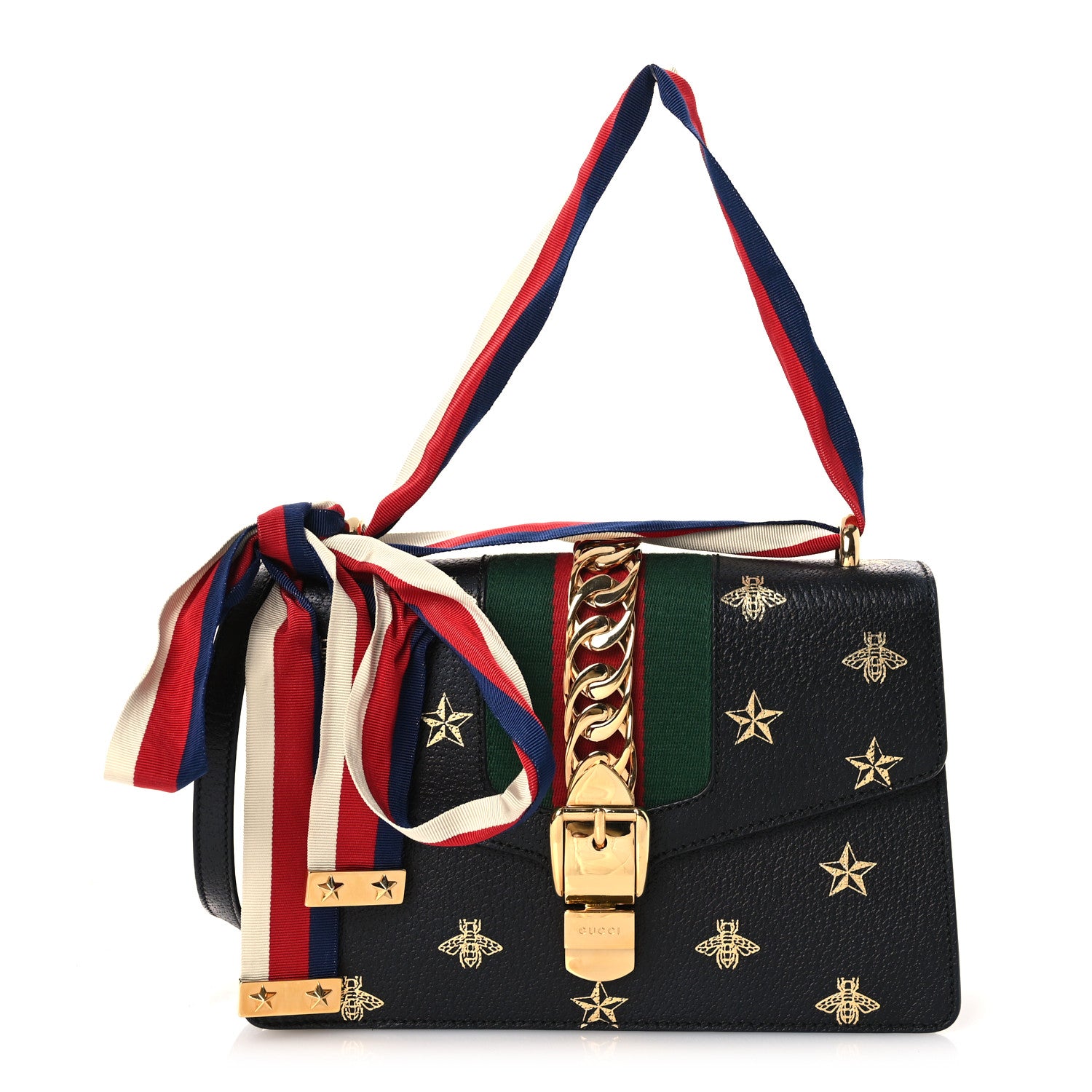 Gucci Textured Calfskin Bee Star Print Small Sylvie Shoulder Bag Black 1 of 11