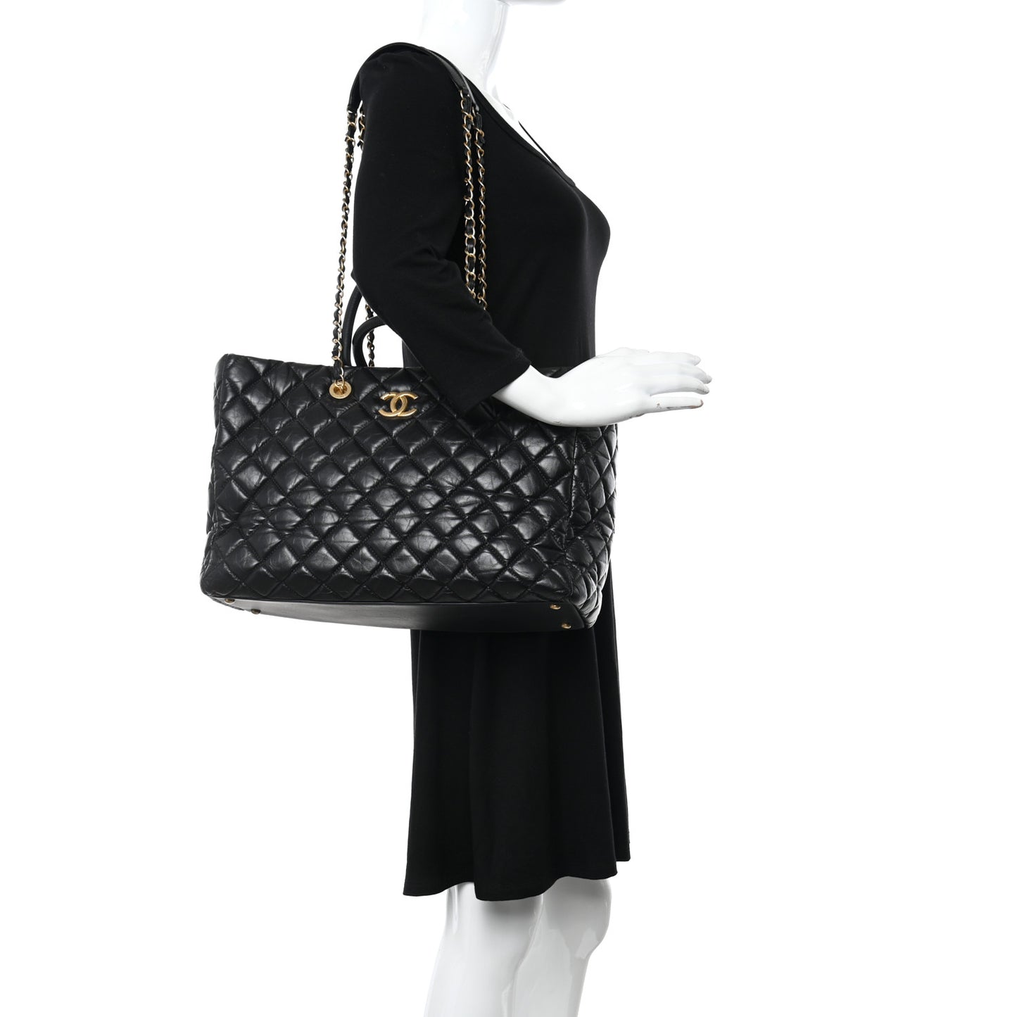 Aged Calfskin Quilted Large Coco Handle Shopping Tote Black