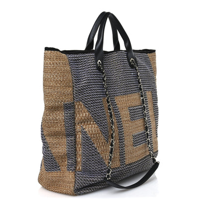 Chanel Woven Straw Raffia Logo Tote Blue Beige 3 of 12