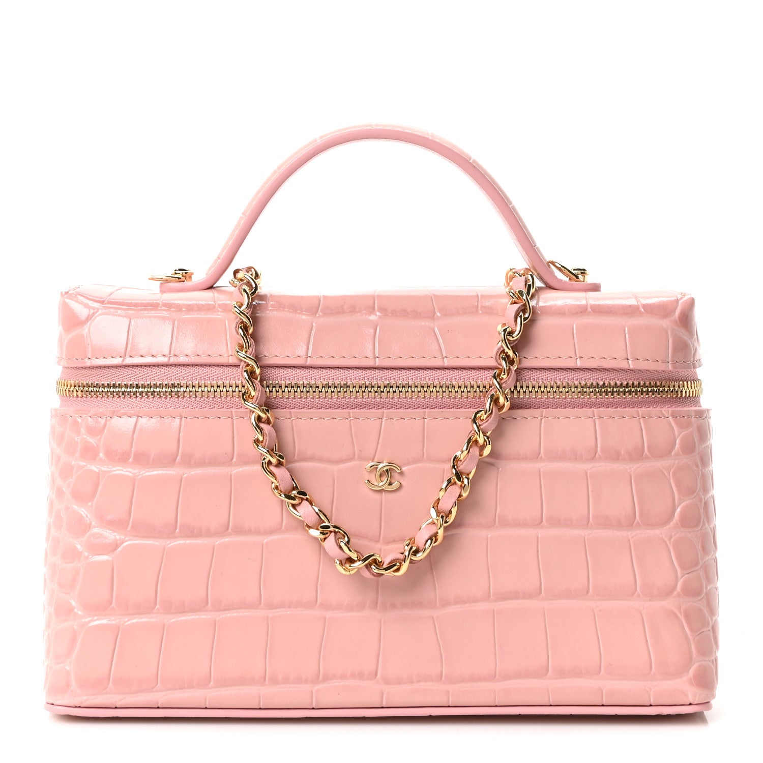 Chanel Calfskin Crocodile Embossed Crococo Top Handle Slim Vanity Case With Chain Pink 1 of 11