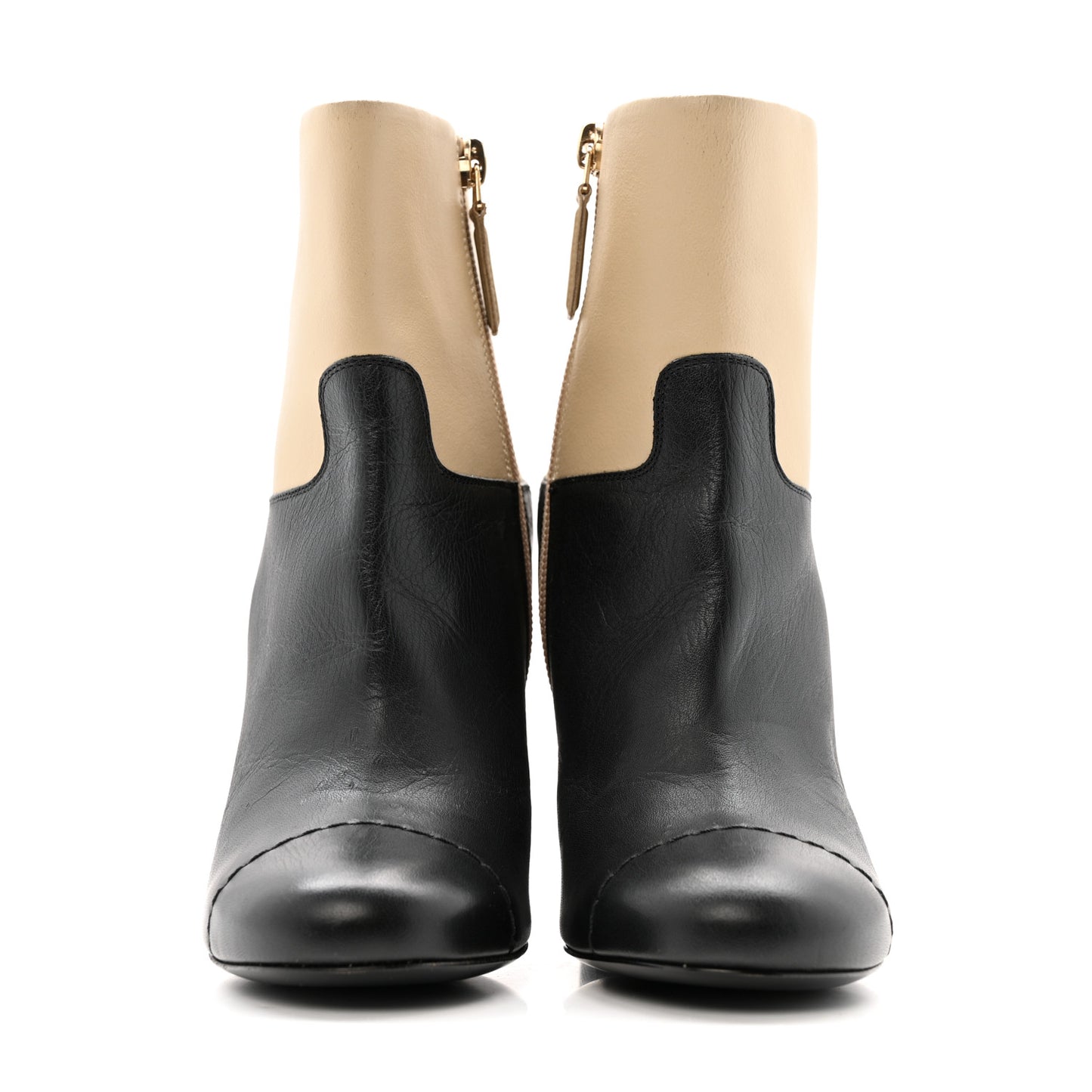 Tumbled Calfskin CC Short Boots 36 Beige Black