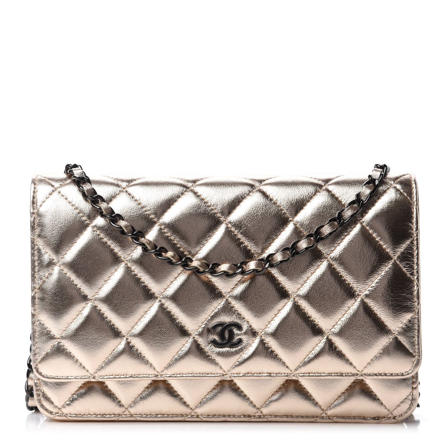 Chanel Metallic Lambskin Quilted Wallet On Chain WOC Gold Black 1 of 12