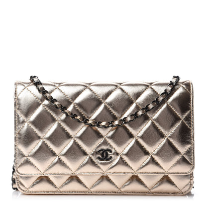 Chanel Metallic Lambskin Quilted Wallet On Chain WOC Gold Black 1 of 12