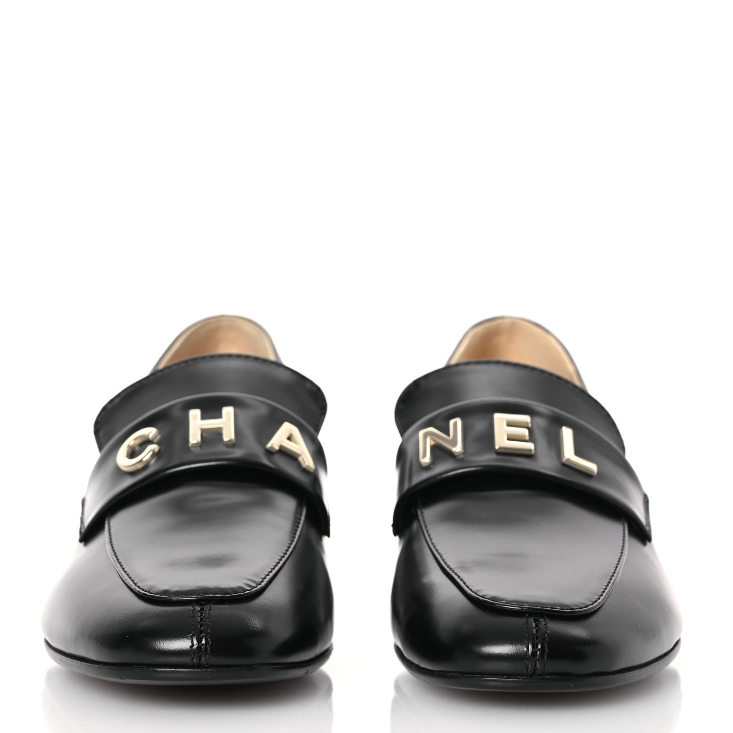 Chanel Shiny Calfskin Logo Loafers 37.5 Black 1613699 – FASHIONPHILE