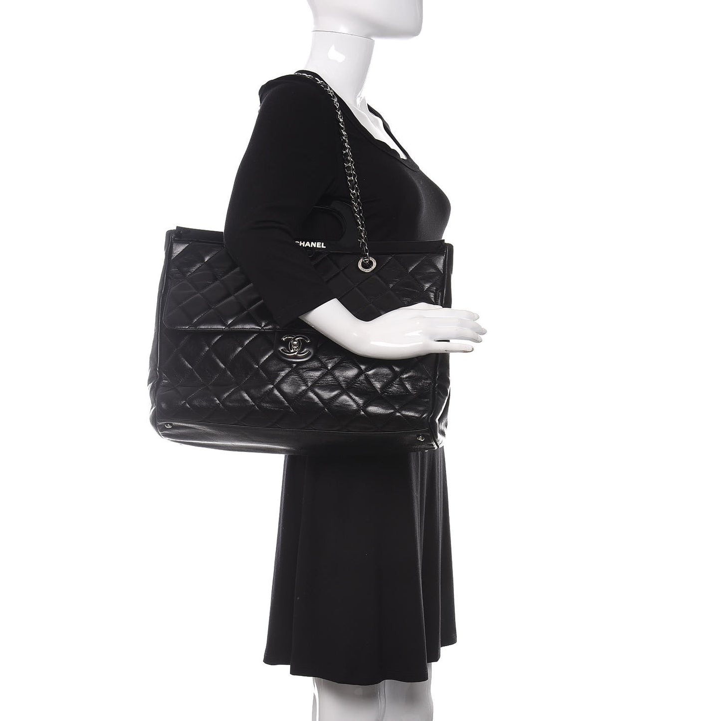 Glazed Calfskin Quilted Large CC Delivery Tote Black