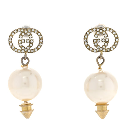 Gucci Metal Crystal Pearl Interlocking G Earrings Shiny Gold 1 of 5