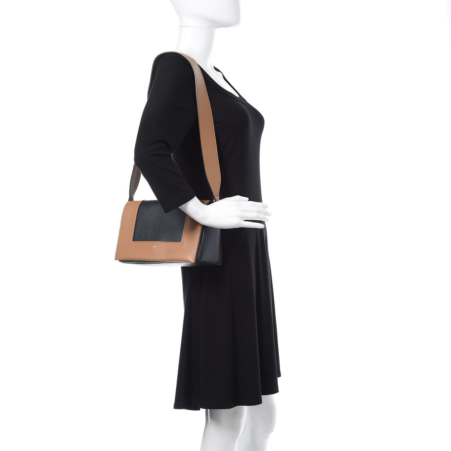 Shiny Smooth Calfskin Medium Frame Shoulder Bag Tan Black