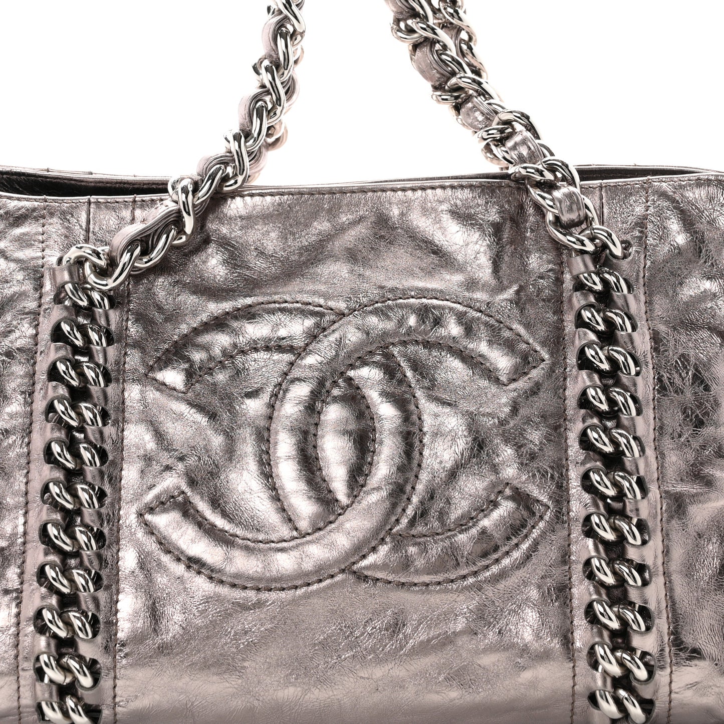 Metallic Cracked Calfskin Modern Chain Tote Dark Silver