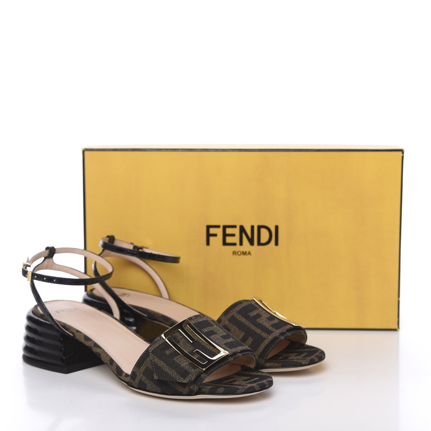 Fendi Jacquard FF Crocodile Embossed Promenade Ankle Strap Sandals 37.5 Tobacco 8 of 8