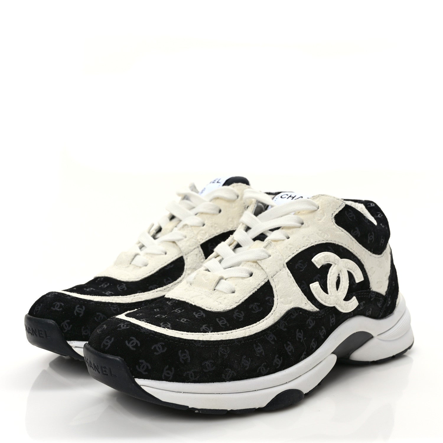 Chanel Nylon Suede Calfskin Printed CC Sneakers 37 White Black 3 of 8