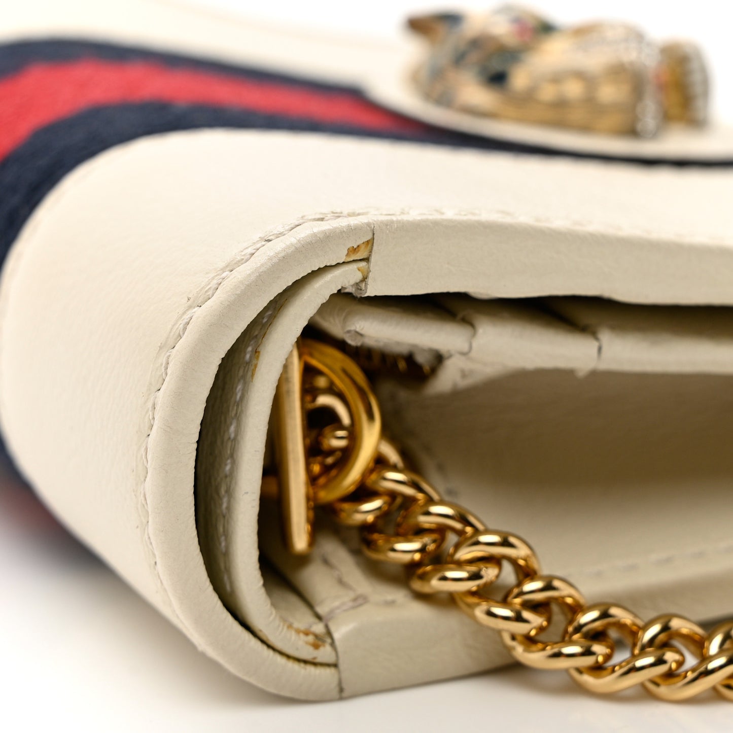 Calfskin Web Rajah Chain Card Case Wallet White